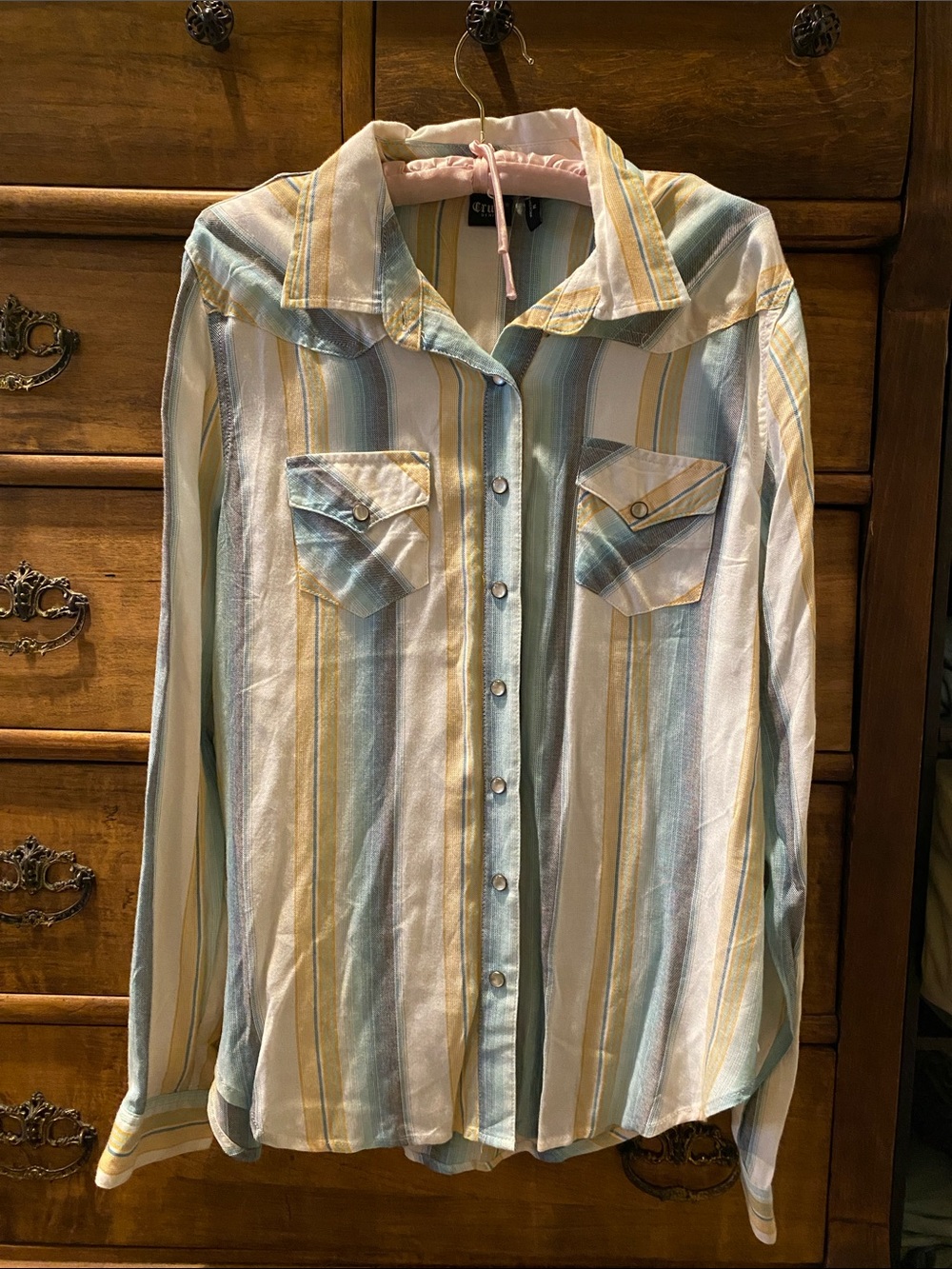Cruel Girl Striped Button-Down Shirt in Cream, Yellow & Light Blue